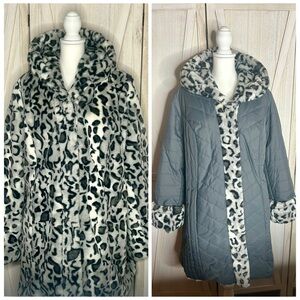 NWOT Dennis Basso Gray and Black Reversible coat size 1X leopard print cozy